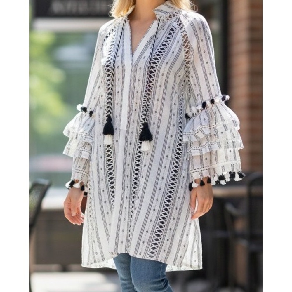 Dodo Bar Or Pas Pour Toi Tunic Top Large Boho Tassel Embroidered Crochet Cotton